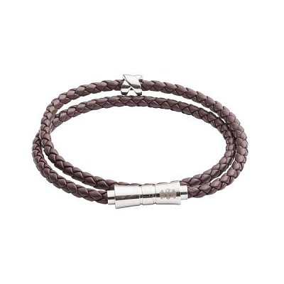 Dvojitý luxusní kožený hnědý náramek s kovovou ozdobou M (36-38cm)