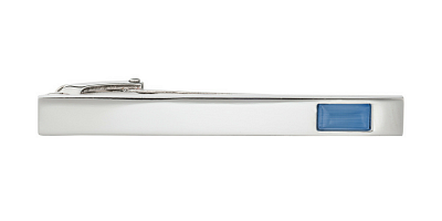 Stříbrná spona na kravatu s modrým detailem v délce 55 mm